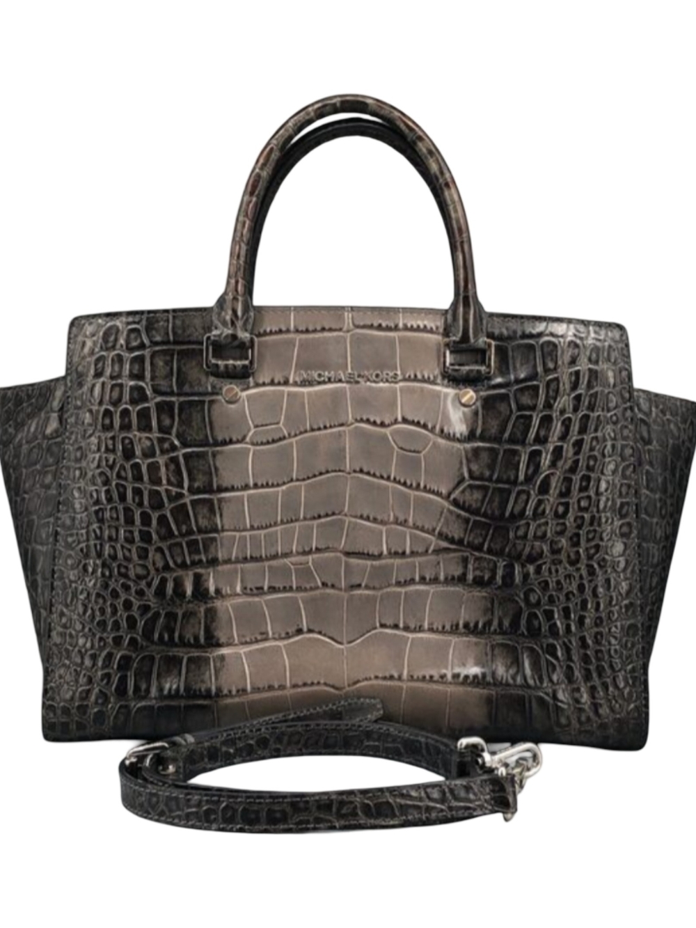 Michael Kors Selma Saffiano Gray Leather Croc-Embossed Tote Purse Shoulder Bag